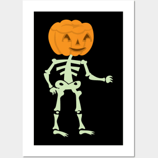 Halloween Skeleton with Pumpkin Skull Posters and Art